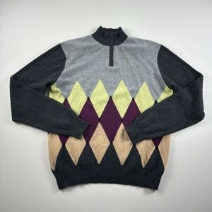 Metropolitan View Cashmere‎ 1/4 Zip Sweater Mens Large Gray Argyle Pullover